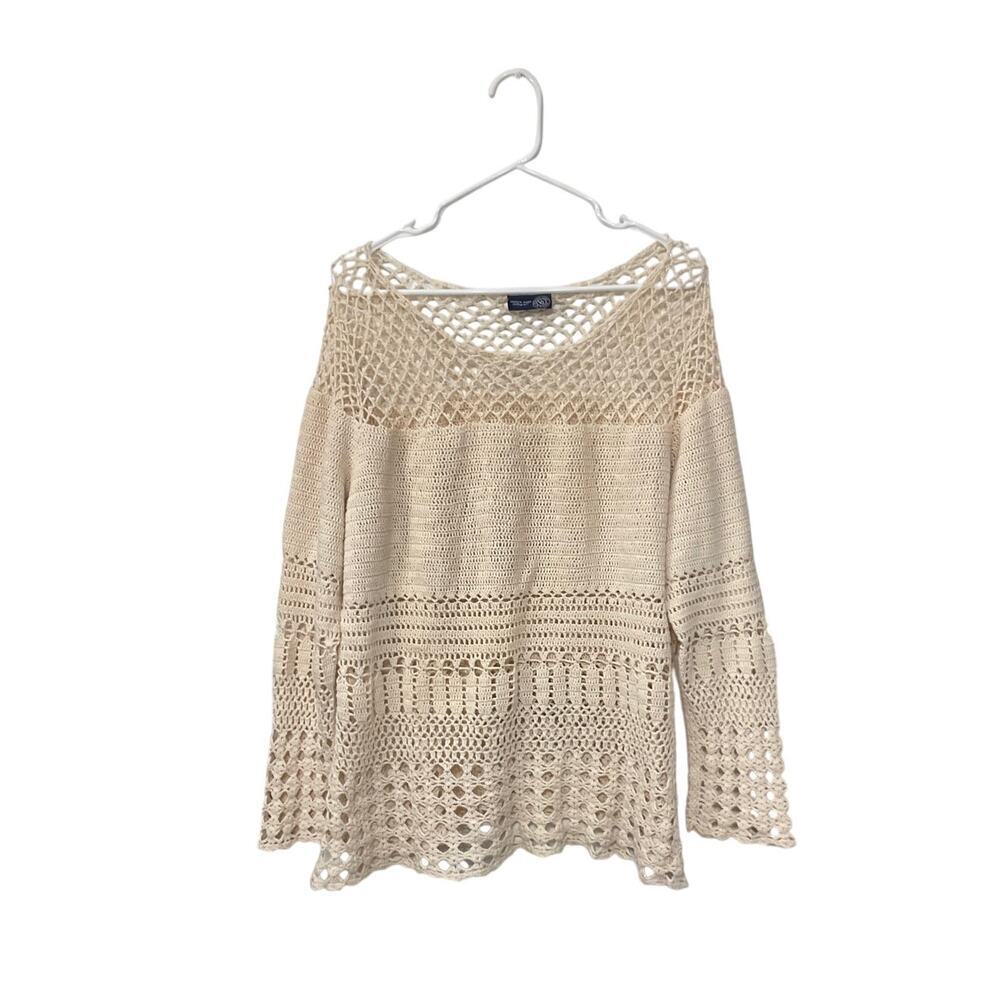 VTG Y2K Cream Crochet Long Sleeve Top Side Slits Size XL Boho Cottagecore